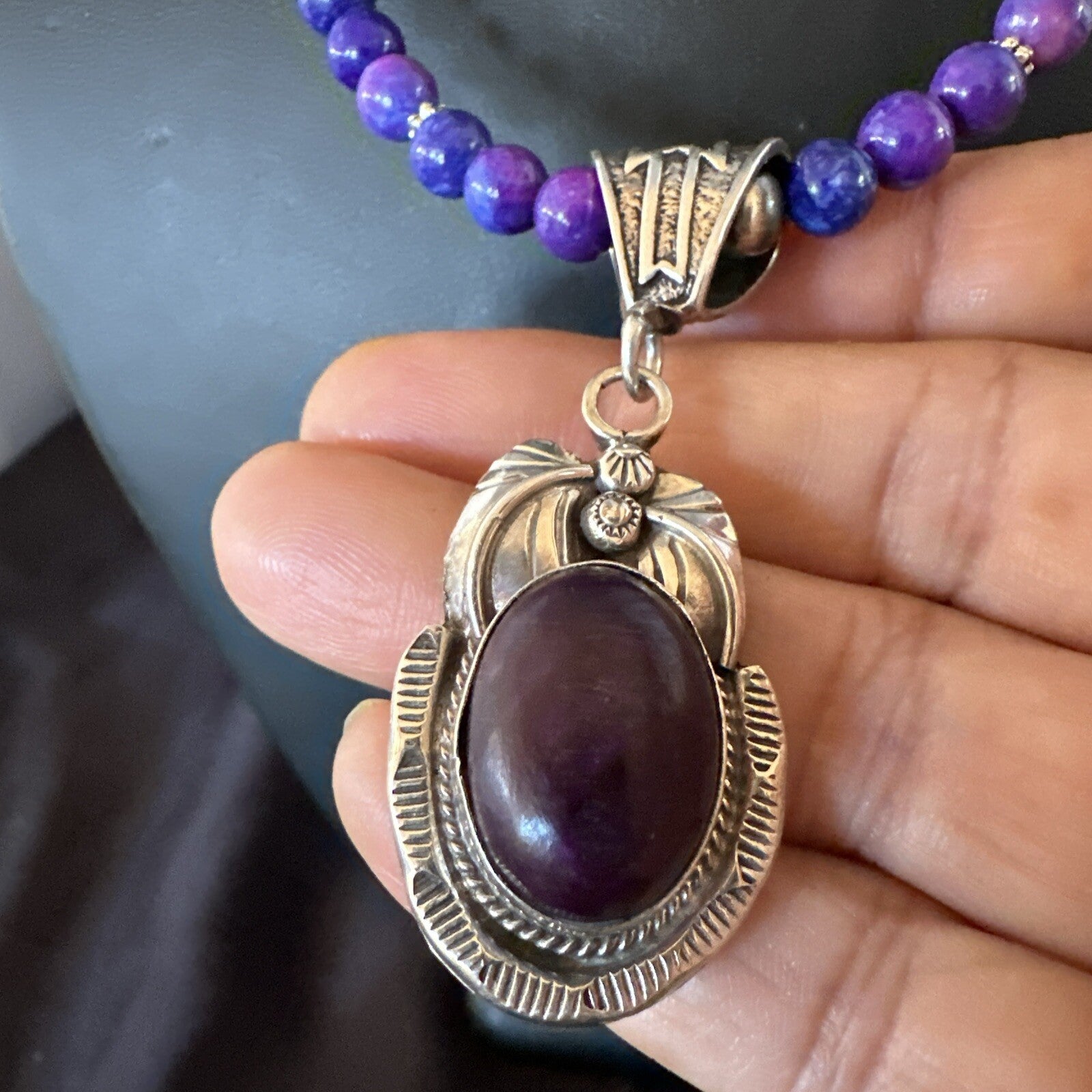 Purple Stone Pendant Navajo Pearls Sterling Silver Necklace 18386
