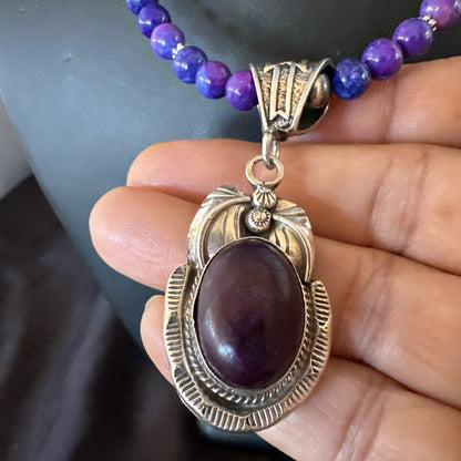 Purple Stone Pendant Navajo Pearls Sterling Silver Necklace 18386