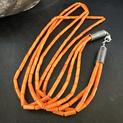 Native American Orange Coral Tubes Sterling Silver 3 Strand Necklace 21" 17821