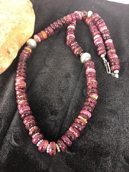 Purple Spiny Oyster 10 mm Bead Navajo Sterling Silver Beads Necklace 00409