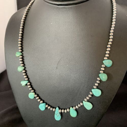 Navajo Pearls Necklace Sterling Silver Blue Turquoise Teardrop 13158