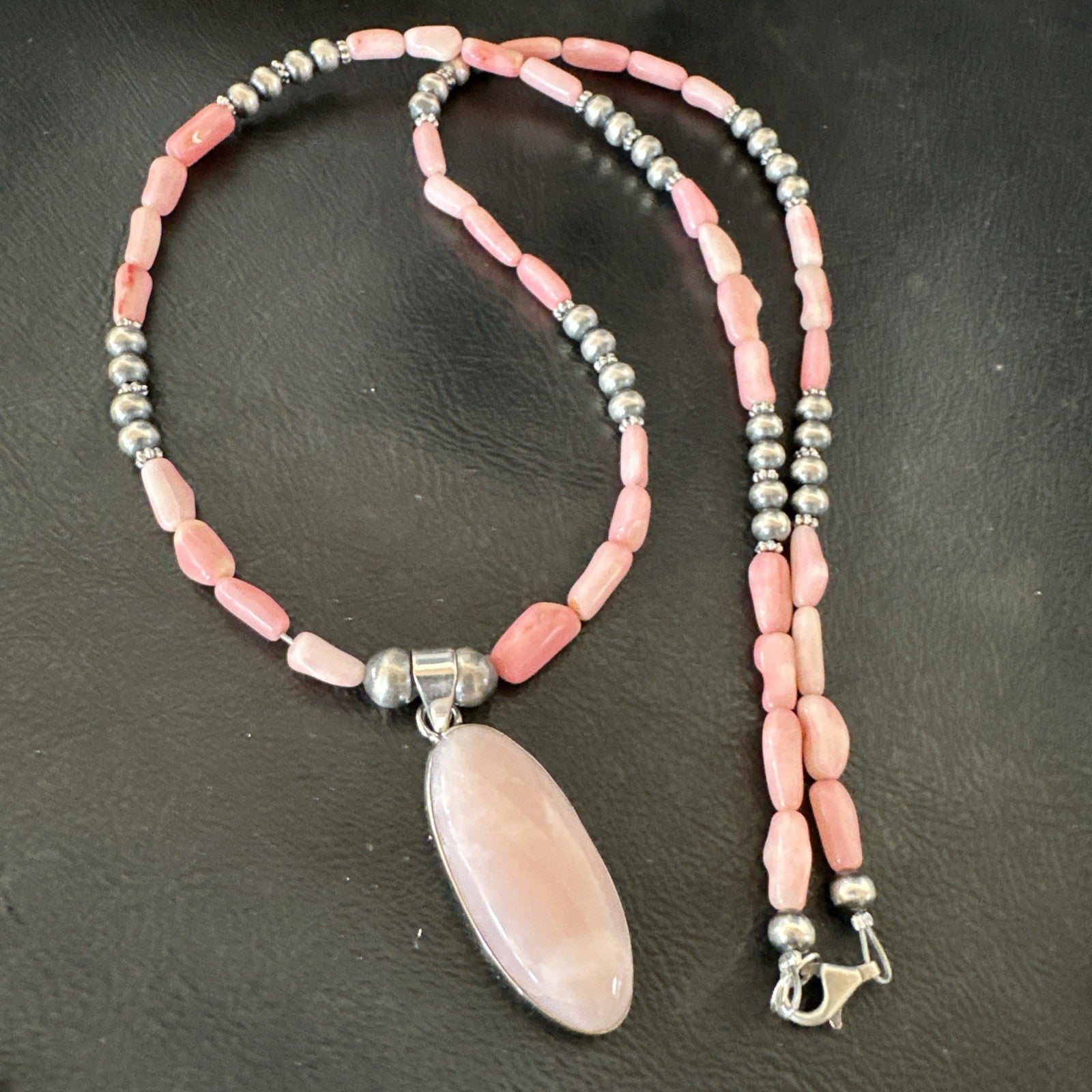 Southwestern Sterling Silver Pink Coral Bead Necklace Quartz Pendant 24" 19585