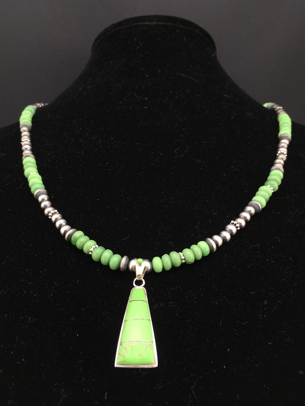 Green Gaspeite Pendant Navajo Pearls Necklace 22" | Sterling Silver | Authentic Native American Handmade | 01285