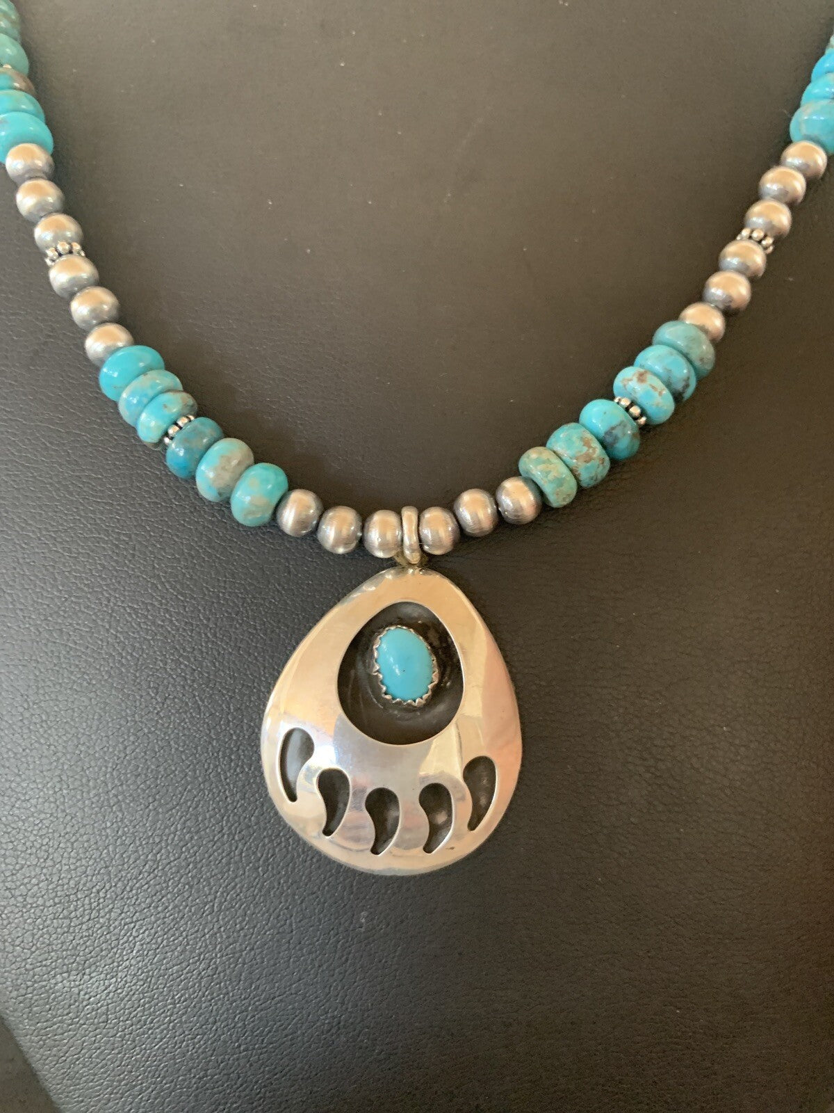 Bear Paw Navajo Sterling Silver Blue Kingman Turquoise Necklace Pendant 11693