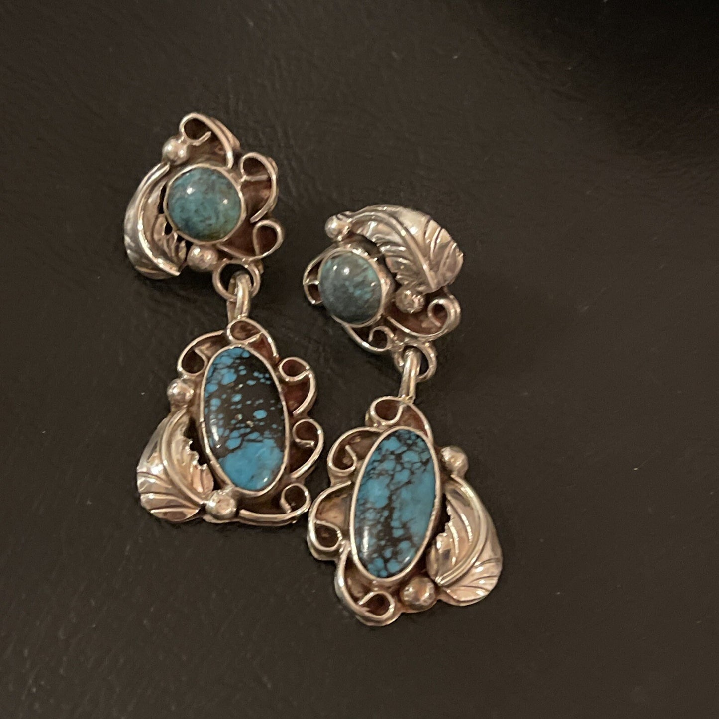 Spiderweb Turquoise Navajo Sterling Silver Post Dangle Earrings 02026