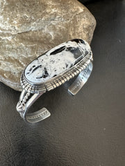 White Buffalo Turquoise Navajo Cuff Bracelet 7" | Sterling Silver | Authentic Native American Handmade | 19382