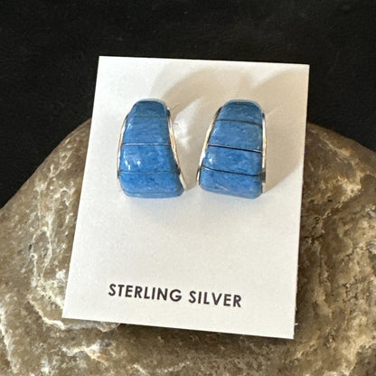 Southwestern Sterling Silver Blue  Denim Lapis Stud Inlay Earrings 1” 19268