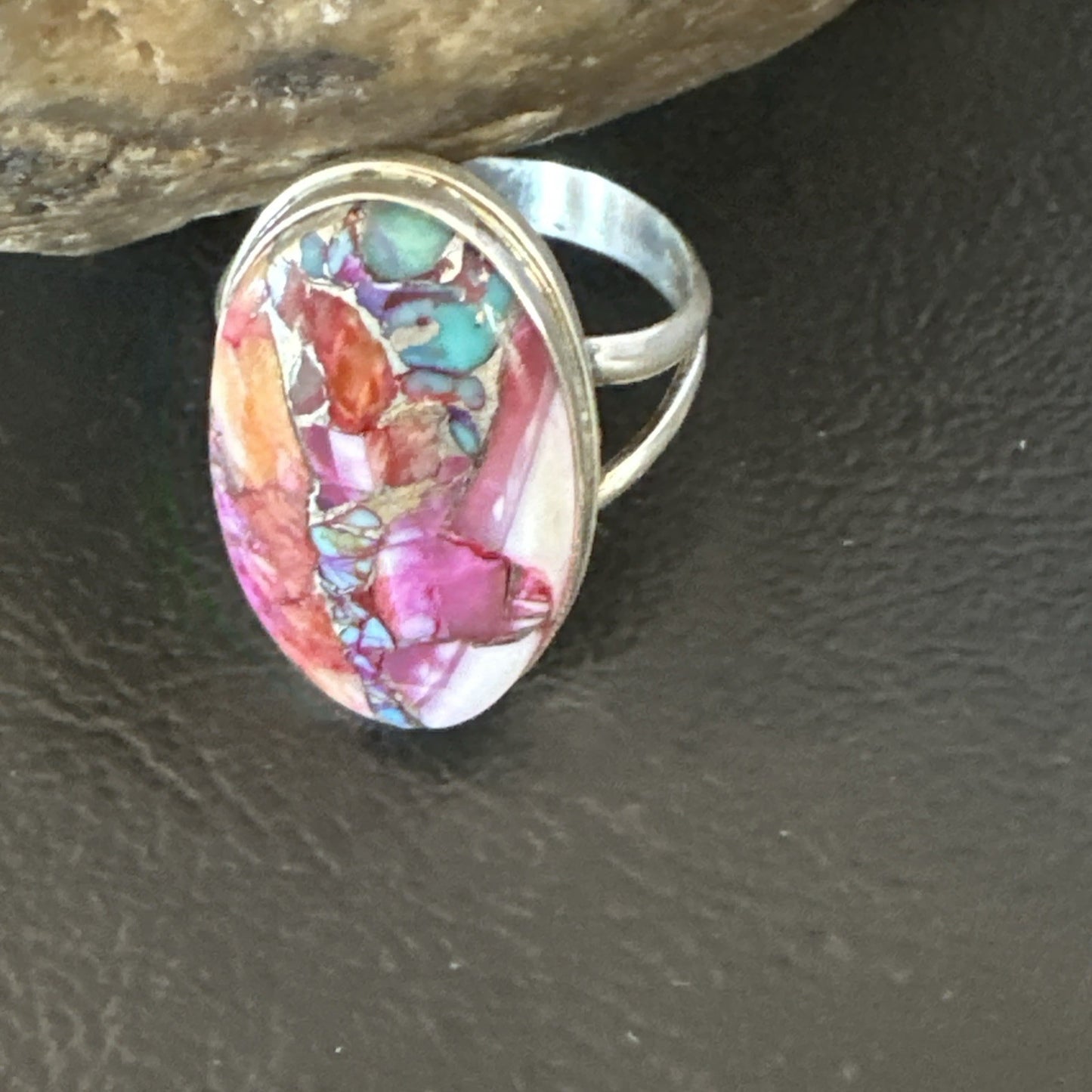 Blue Turquoise Spiny Oyster Southwestern Sterling Silver Ring Size 10 19056