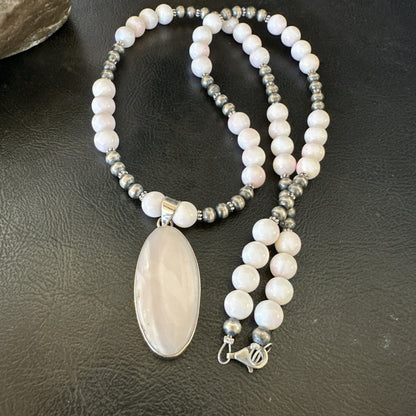 Southwestern Sterling Silver Pink Queen Conch Bead Necklace Pendant 20" 19555