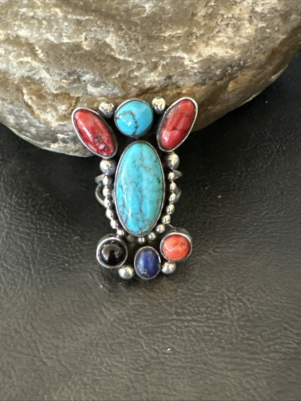 Cluster Blue Turquoise Spiny Oyster Onyx Sterling Silver Ring Size 8 18562
