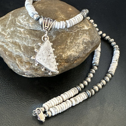 White Buffalo Turquoise Pendant Navajo Pearls Sterling Silver Necklace 22" 18255