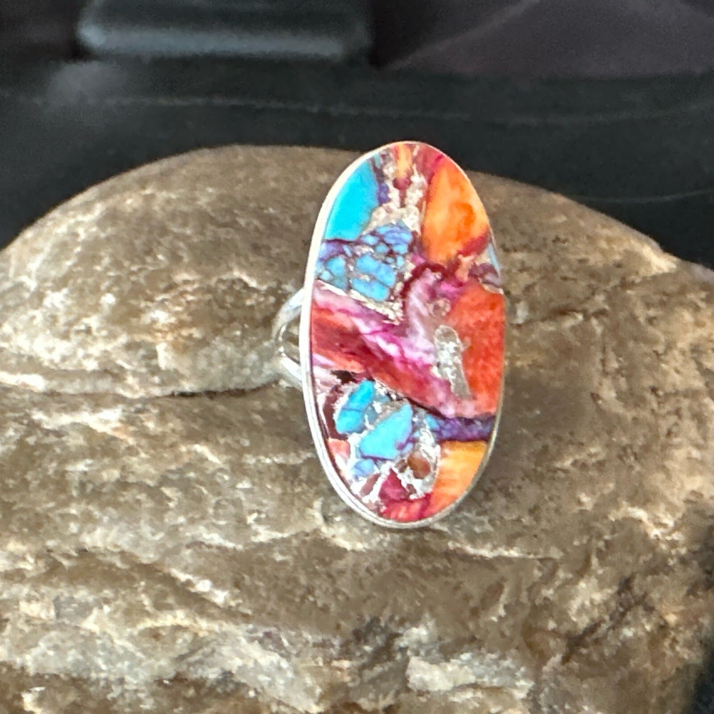 Blue Turquoise Spiny Oyster Southwestern Sterling Silver Ring Size 6 18514