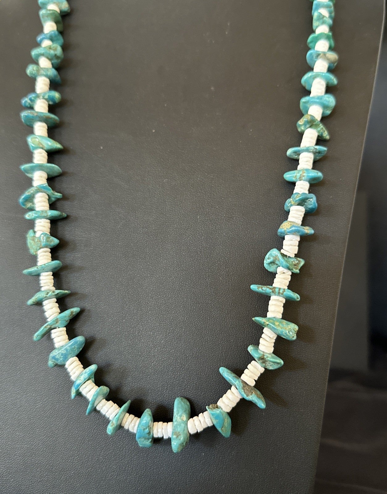 Blue Turquoise White Shell Navajo Sterling Silver Necklace 31" 19719