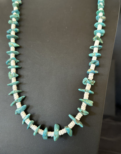 Blue Turquoise White Shell Navajo Sterling Silver Necklace 31" 19719