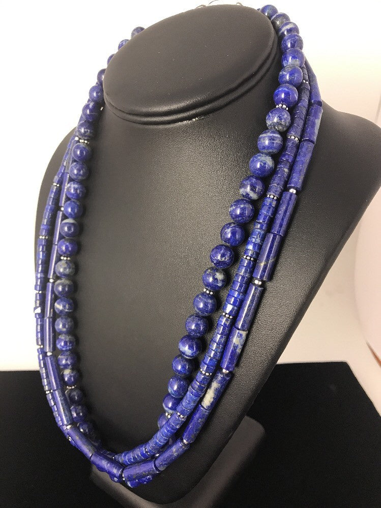Native Denim Lapis 3 strand Sterling Silver Tube Bead 22" Necklace 3869