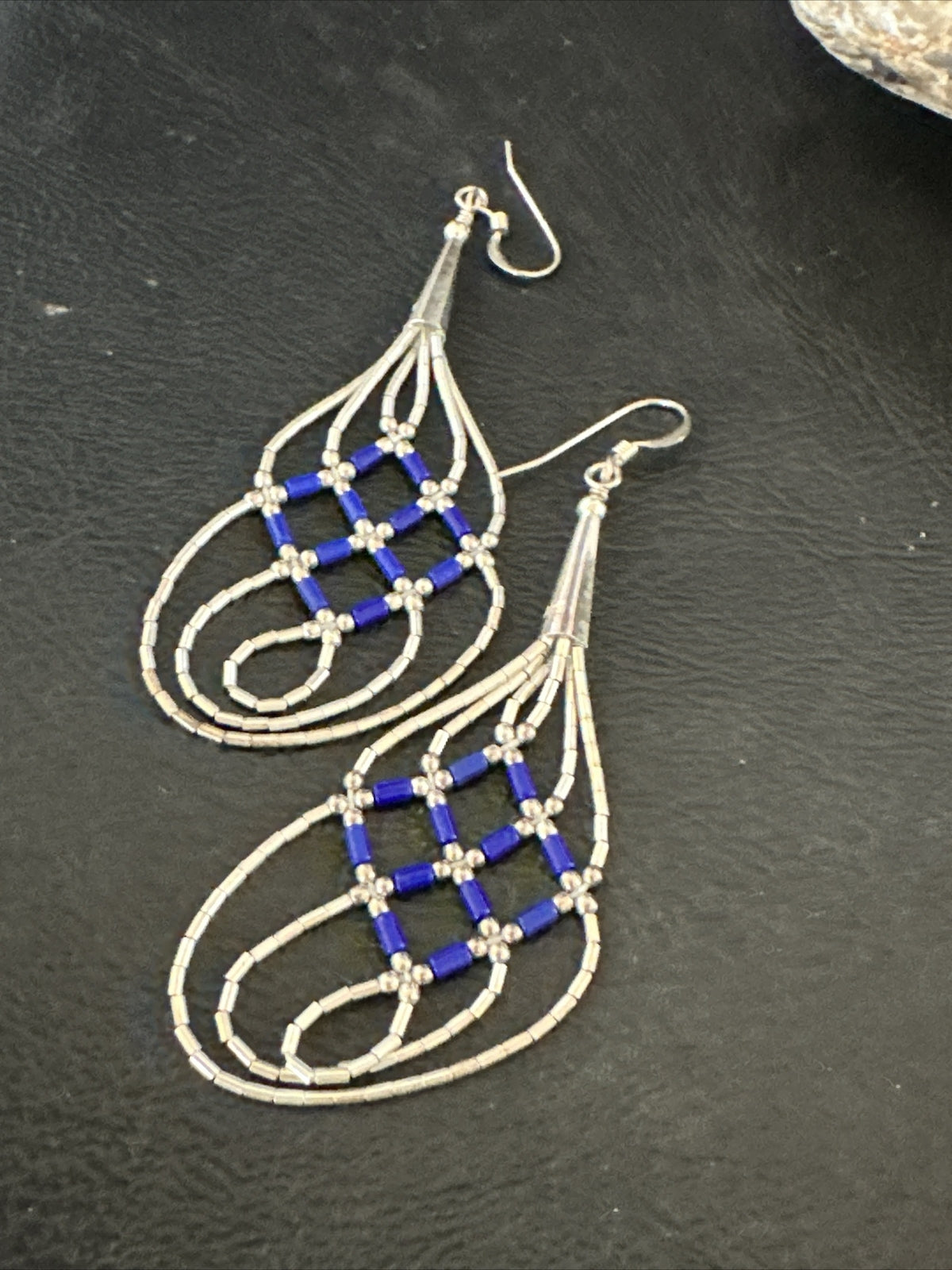 Blue Lapis 3 Strand Heishi Liquid Sterling Silver Dangle Earrings 17737