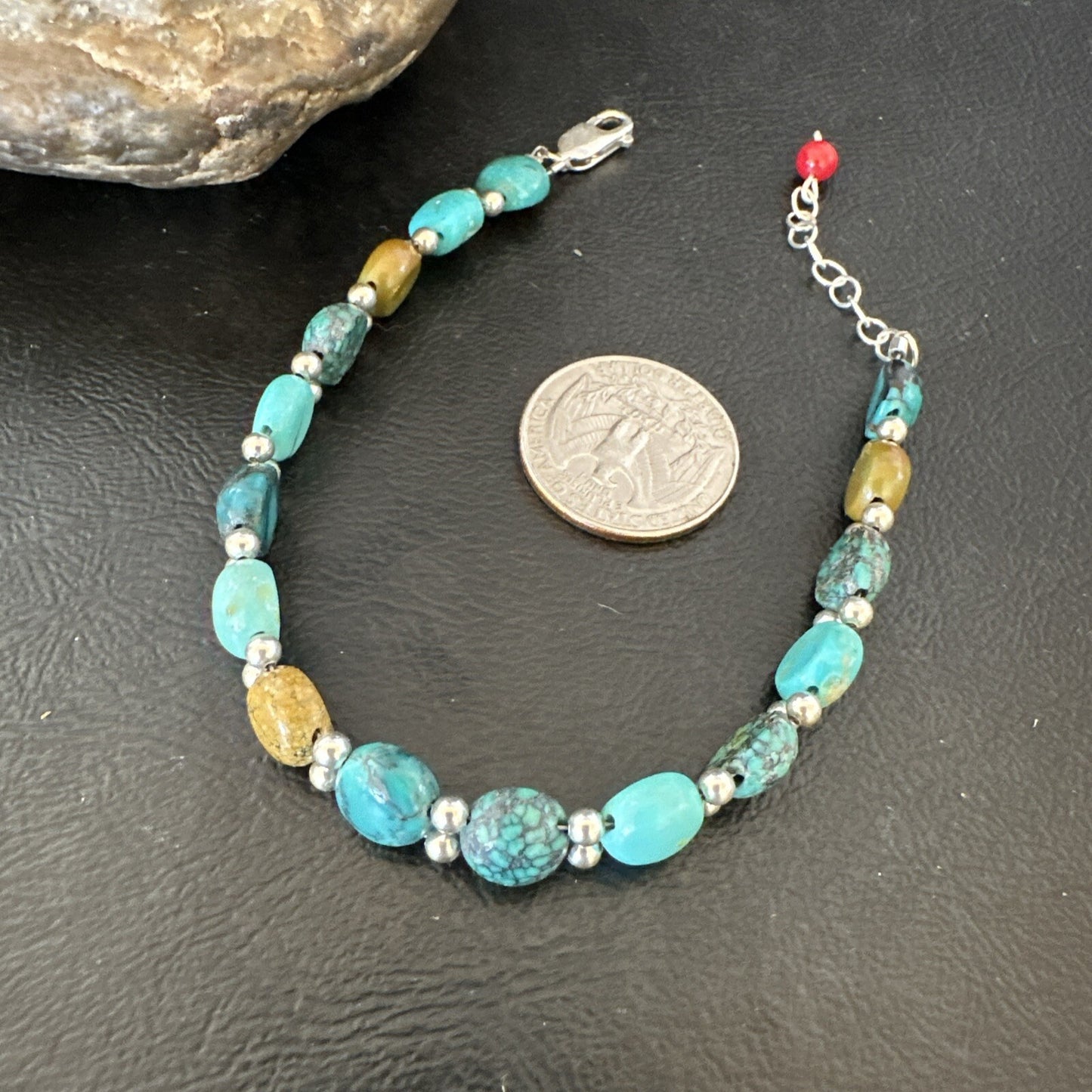 Womens Blue Turquoise Bead Southwestern Sterling Silver Link Bracelet 8" 17236A