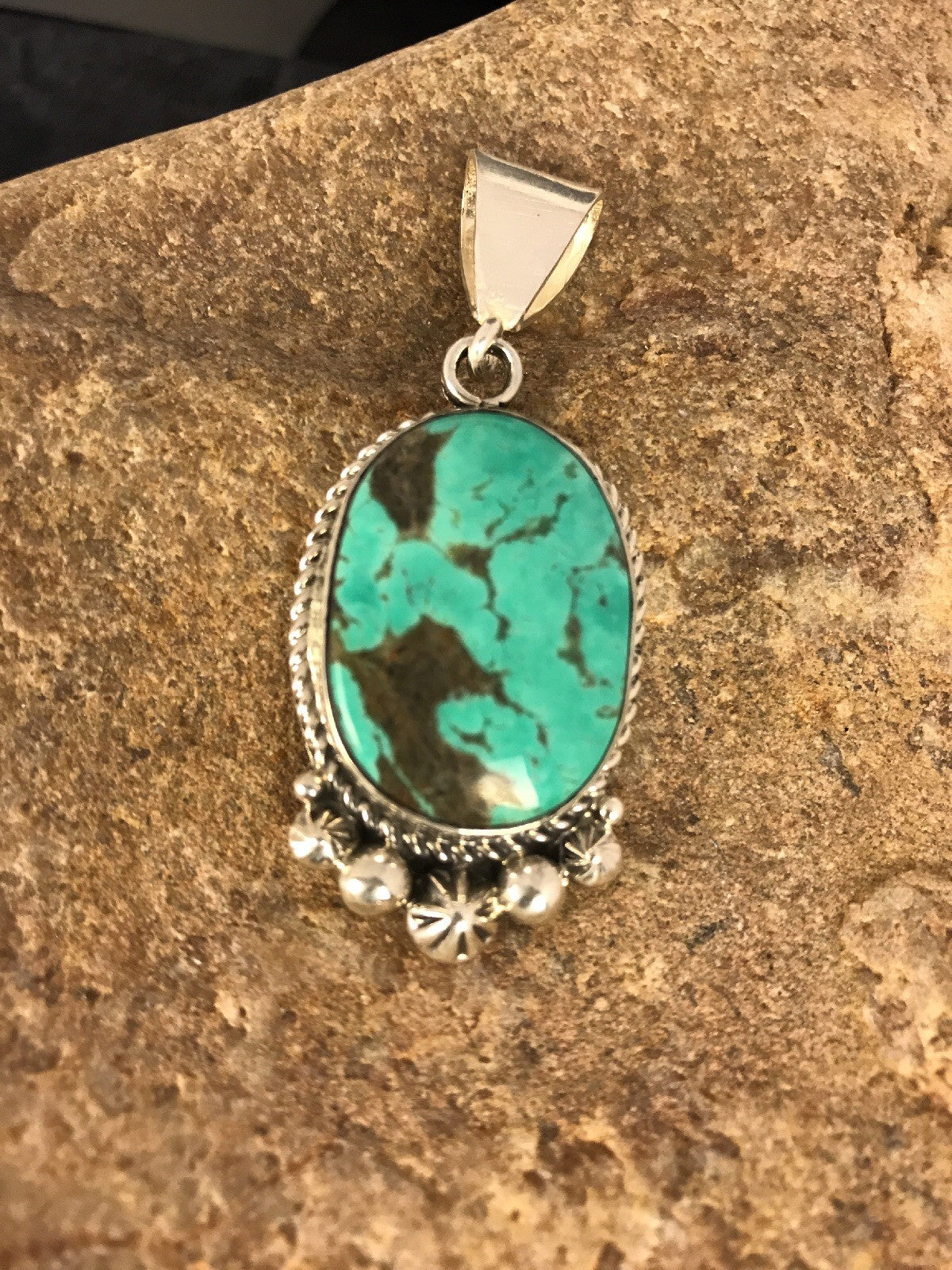 Green Turquoise Navajo Sterling Silver Pendant 03382