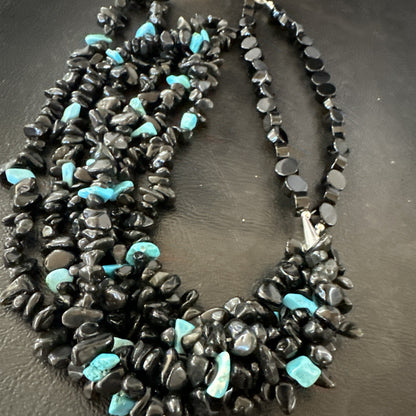 Sterling NAVAJO Black Onyx Blue Turquoise 3S Silver Necklace 30” 19577