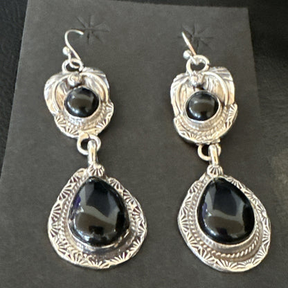 Black Onyx Navajo Sterling Silver Dangle Earrings 1.5" 18289