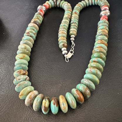Green Turquoise Red Spiny Oyster Navajo Sterling Silver Necklace 21" 18360