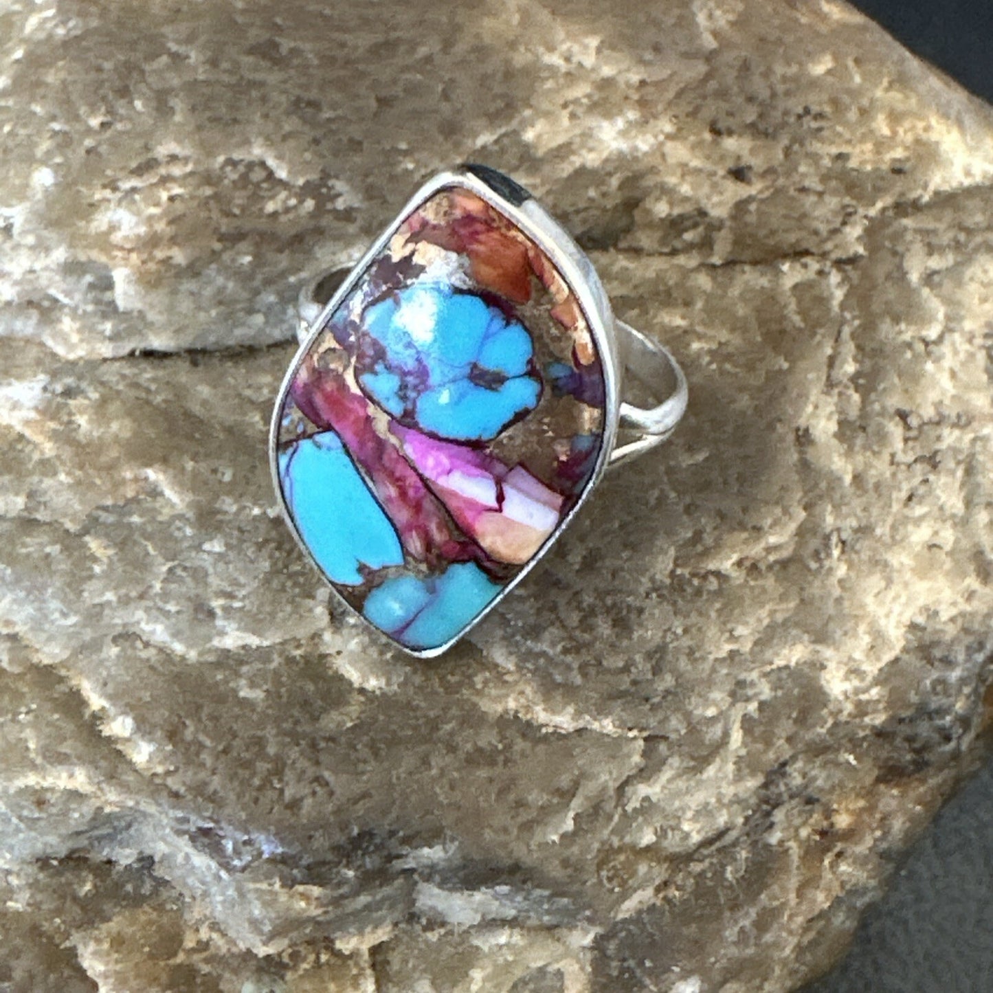 Blue Turquoise Spiny Oyster Navajo Sterling Silver Ring Size 7.5 18235