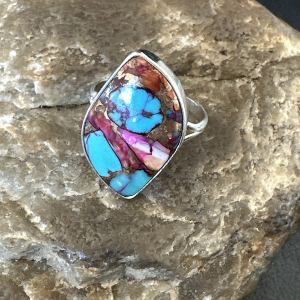 Blue Turquoise Spiny Oyster Navajo Ring Size 7.5 | Sterling Silver | Authentic Native American Handmade | 18235