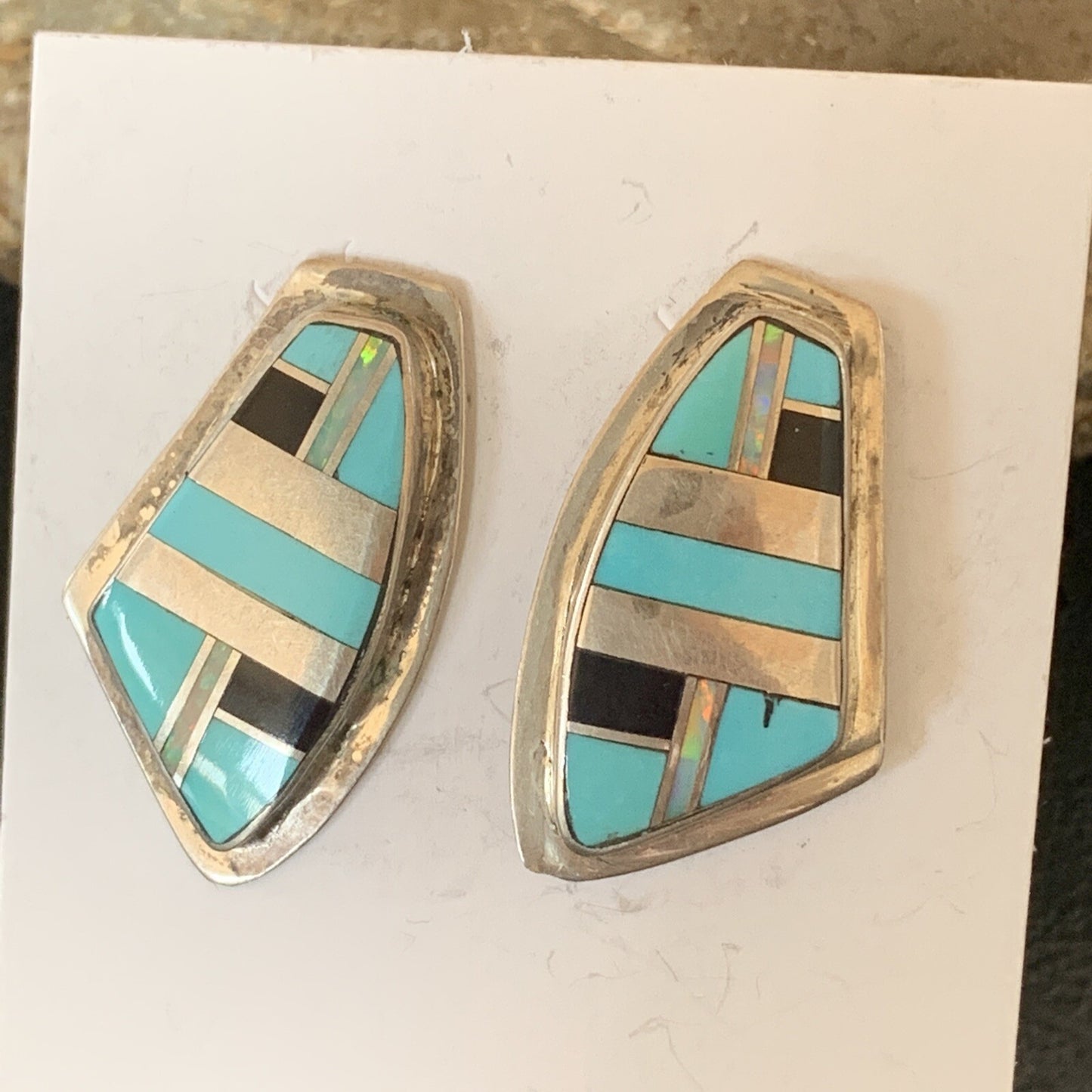 Turquoise & Onyx Inlay Zuni Sterling Silver Old Pawn Earrings 2042