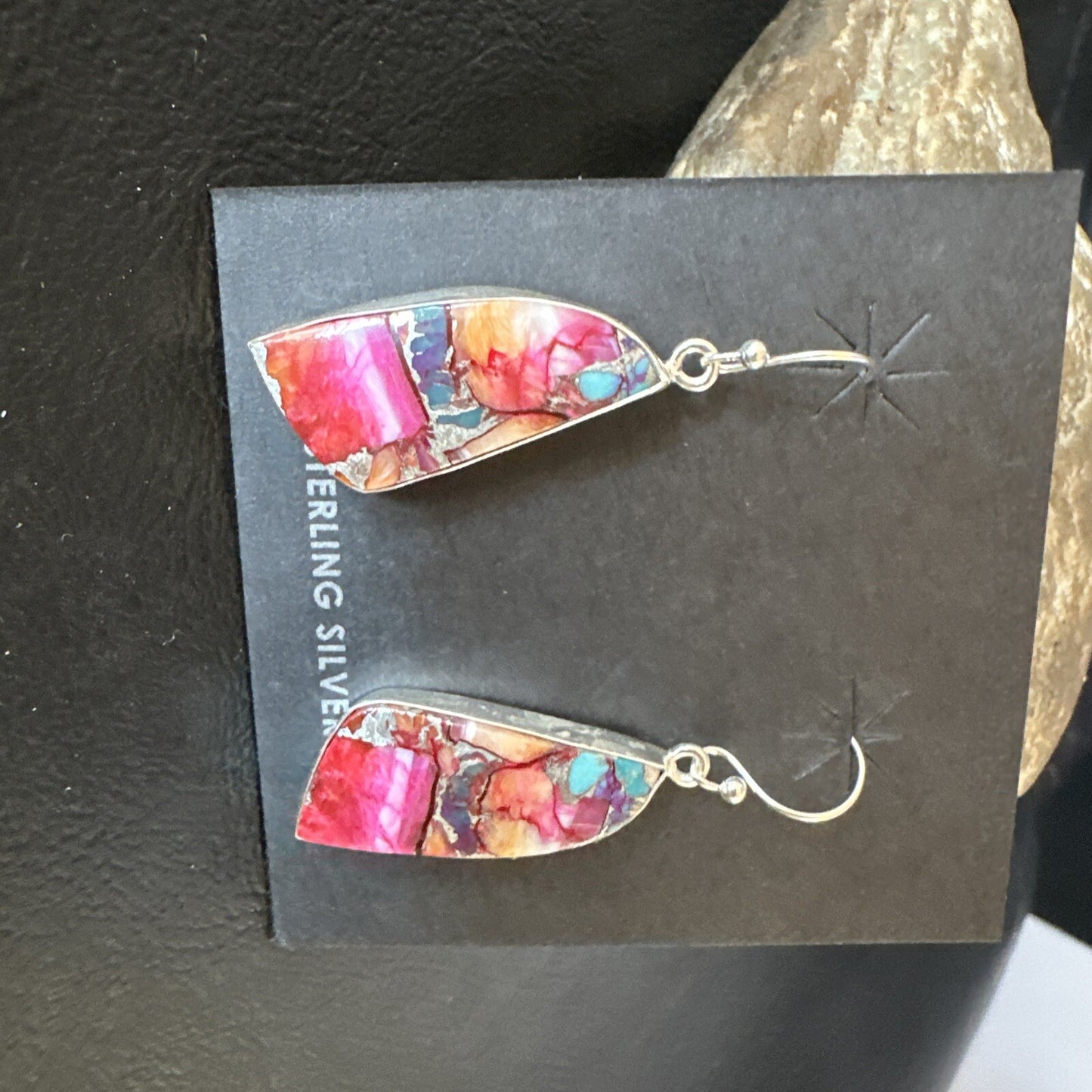 Blue Turquoise Purple Spiny Oyster Inlay Sterling Silver Dangle Earrings 15565