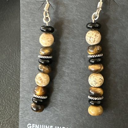 Navajo Sterling Silver Tigers Eye Picture Jasper Onyx Dangle Earrings 18721
