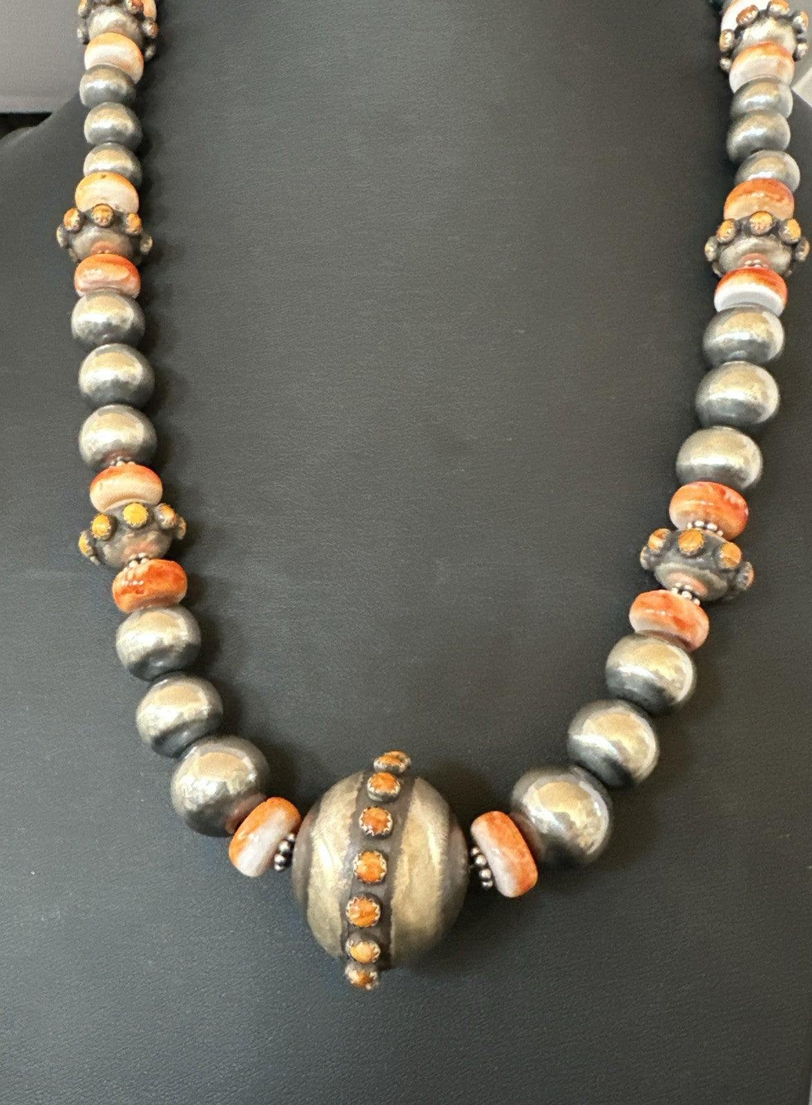 XL Orange Spiny Oyster Navajo Pearls Graduated Sterling Bead Necklace 25" 19610