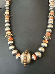 XL Orange Spiny Oyster Navajo Pearls Graduated Bead Necklace 25" | Sterling Silver | Authentic Native American Handmade | 19610