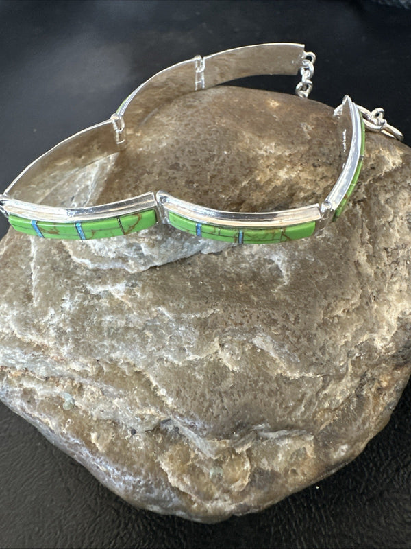 Women's Green Gaspeite Inlay Link Bracelet 7.5" | Sterling Silver | Authentic Native American Handmade | 19152
