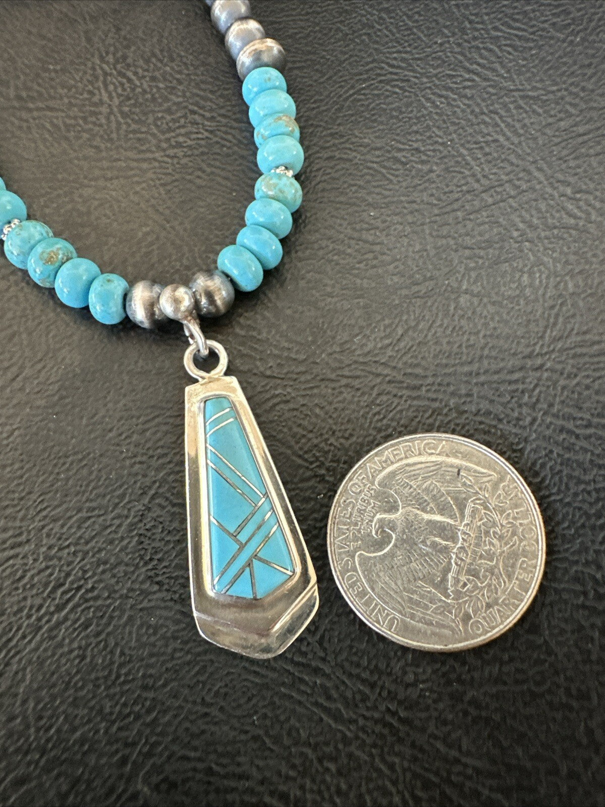 Inlay Blue Kingman Turquoise Pendant Navajo Sterling Silver Necklace 21" 18380