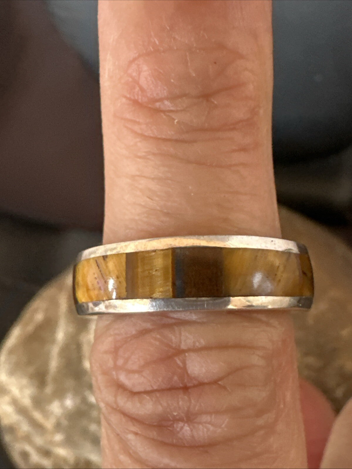 Women Coffee Tigers Eye Navajo Sterling Silver Inlay Ring Size 7 18704