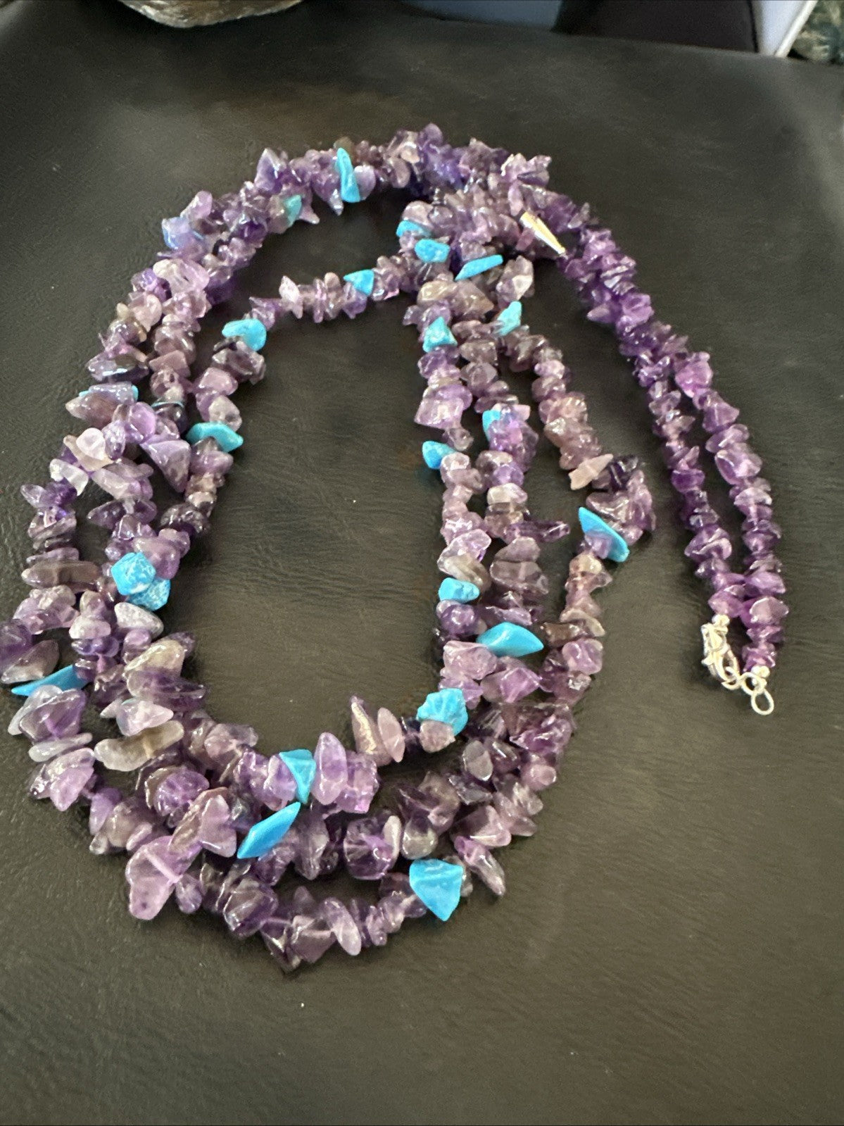 Sterling NAVAJO Purple Amethyst Blue Turquoise 3S Silver Necklace 30” 19569