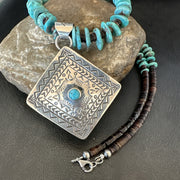 Navajo Blue Turquoise Stamped Pendant Shell 25"Necklace | Sterling Silver | Authentic Native American Handmade | 19706