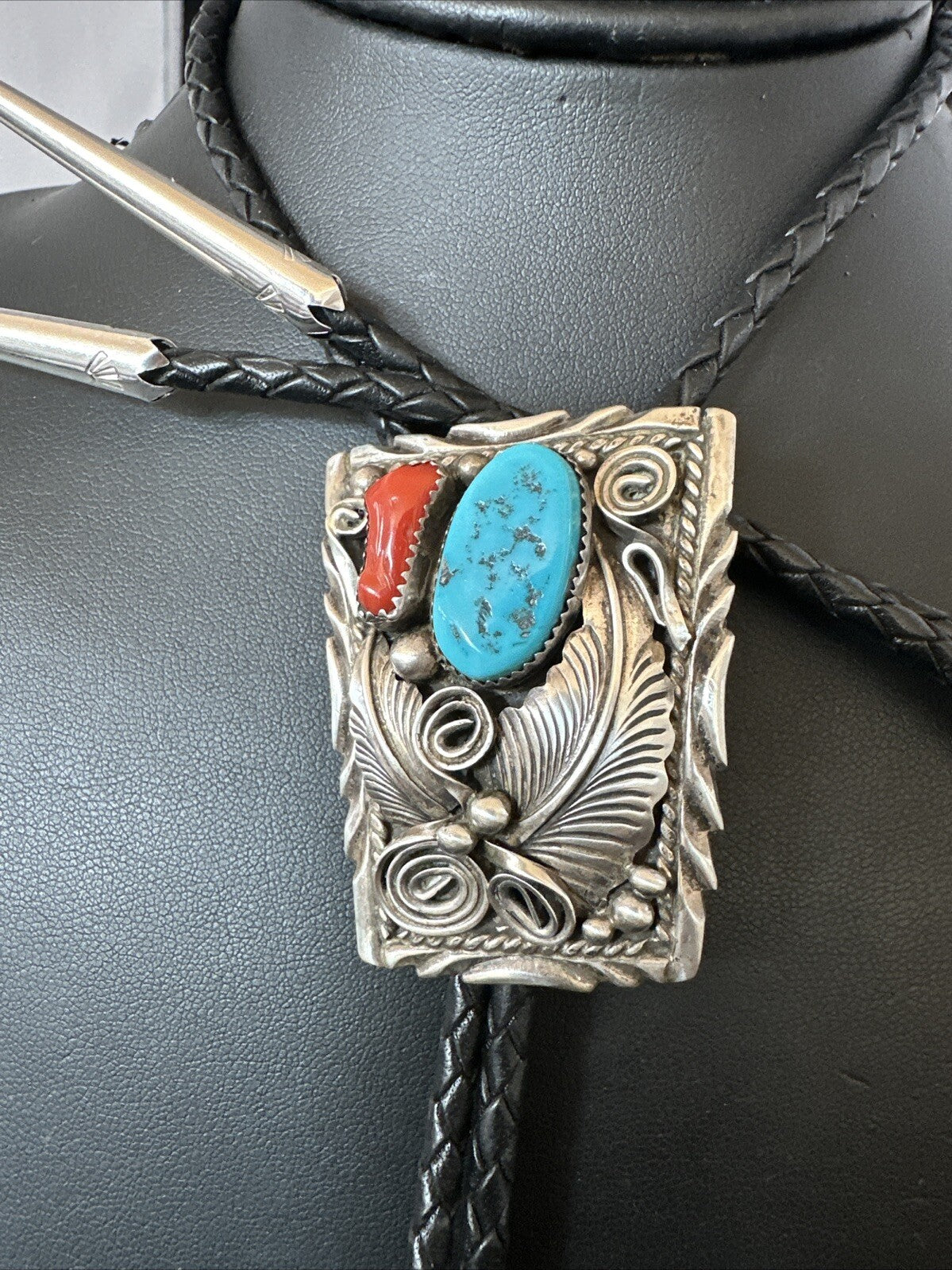 Mens Blue Kingman Turquoise Coral Bolo Tie Sterling Silver Navajo 18168