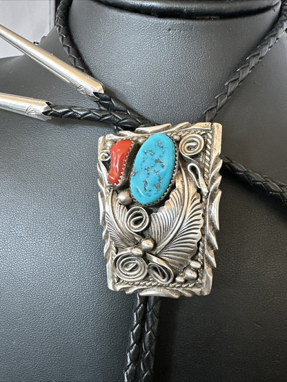 Mens Blue Kingman Turquoise Coral Bolo Tie Sterling Silver Navajo 18168