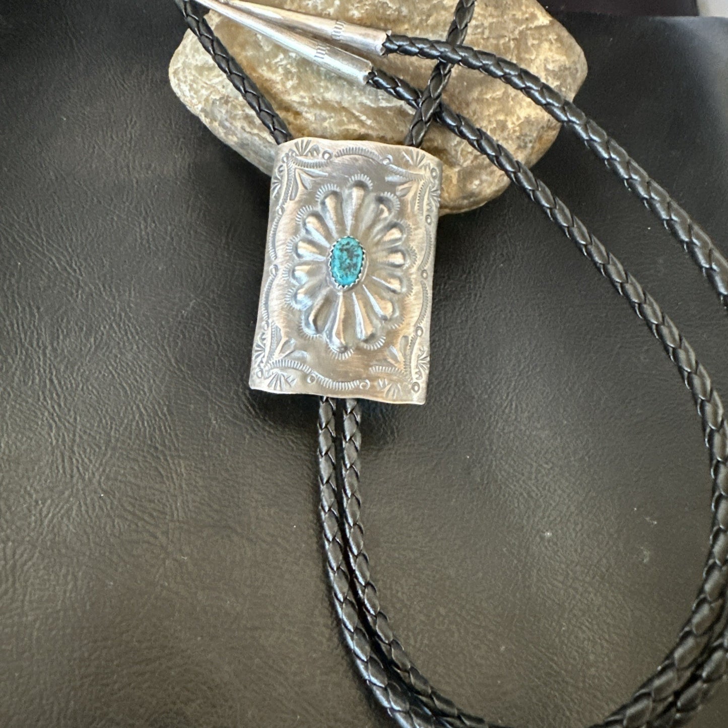 Mens Stamped Bolo Tie Blue Kingman Turquoise Navajo Sterling Silver 2” 19301