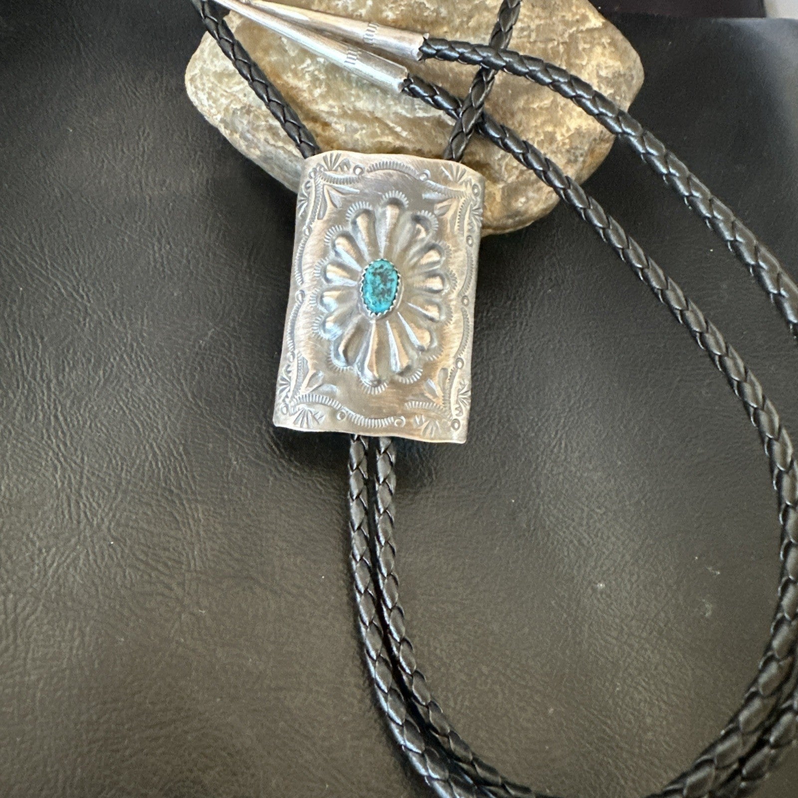 Mens Stamped Bolo Tie Blue Kingman Turquoise Navajo Sterling Silver 2” 19301