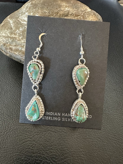Green Royston Turquoise Navajo Sterling Silver Dangle Earrings 19371