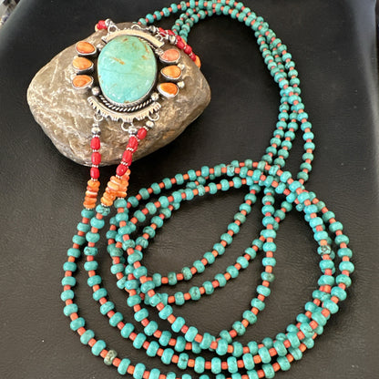 XL Statement Green Turquoise Spiny Navajo 3S Sterling Silver Necklace 34” 19675