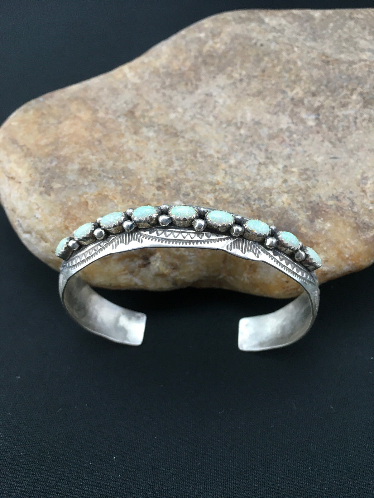 White Opal Navajo Sterling Silver Native American Cuff Bracelet 4734