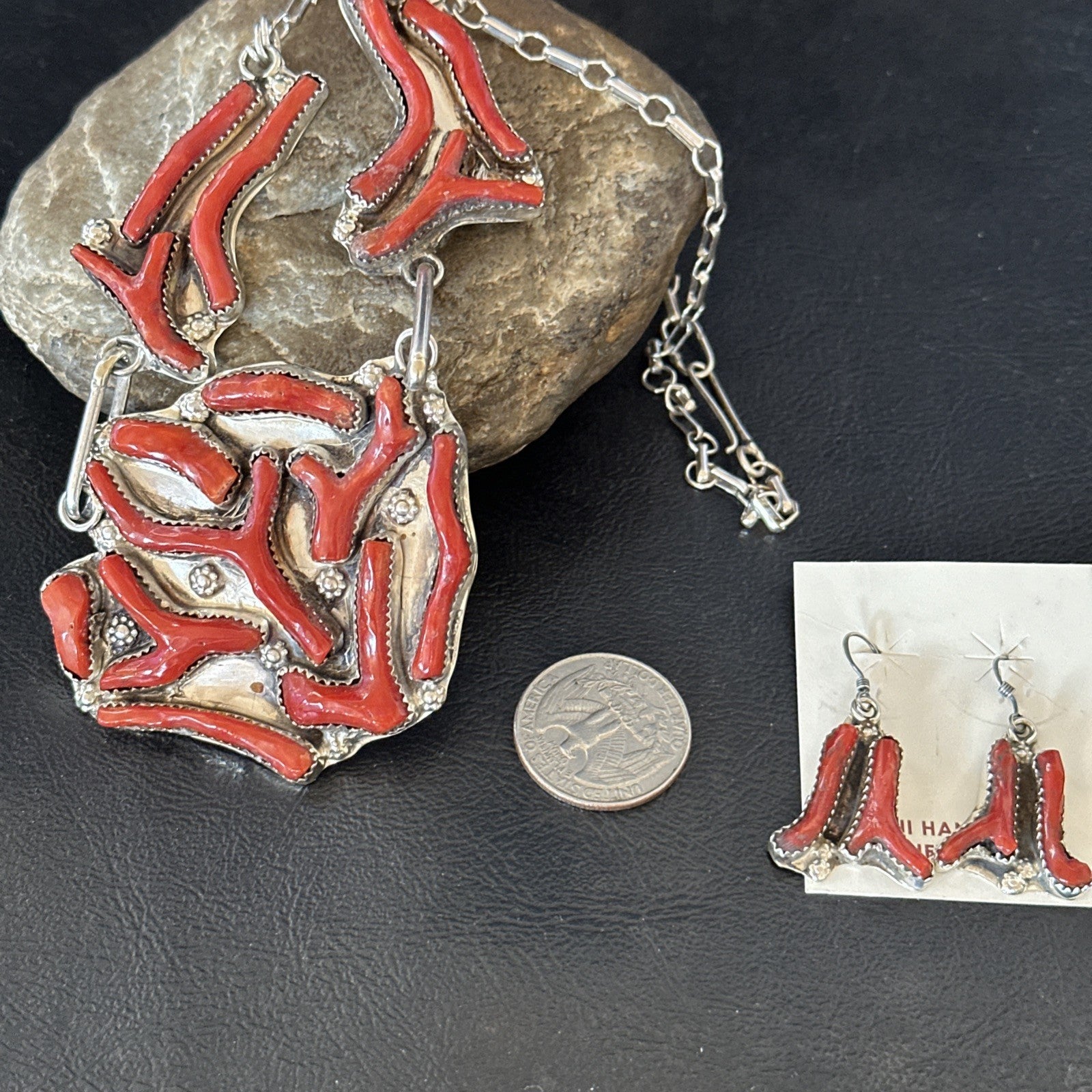 Branch Real Coral Zuni Inlay Sterling Silver Necklace Earrings 21" Set 19276