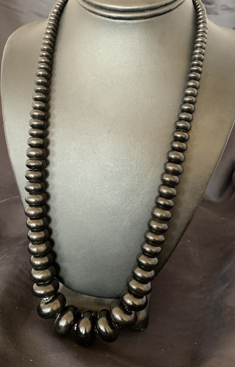 Black Jet Onyx Graduated Bead Navajo Pearls Sterling Silver Necklace 24" 12529