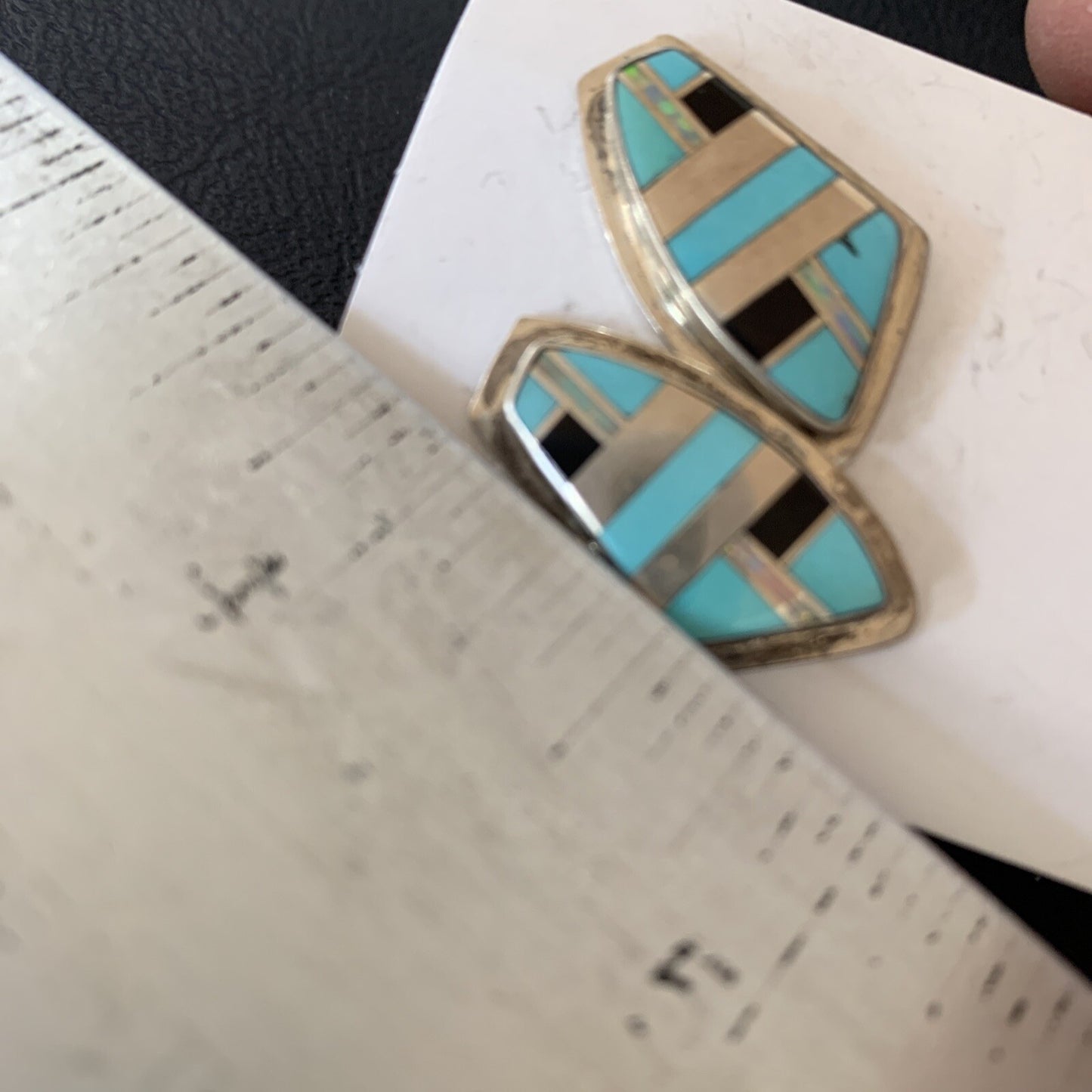 Turquoise & Onyx Inlay Zuni Sterling Silver Old Pawn Earrings 2042
