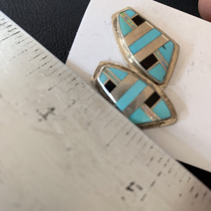 Turquoise & Onyx Inlay Zuni Sterling Silver Old Pawn Earrings 2042