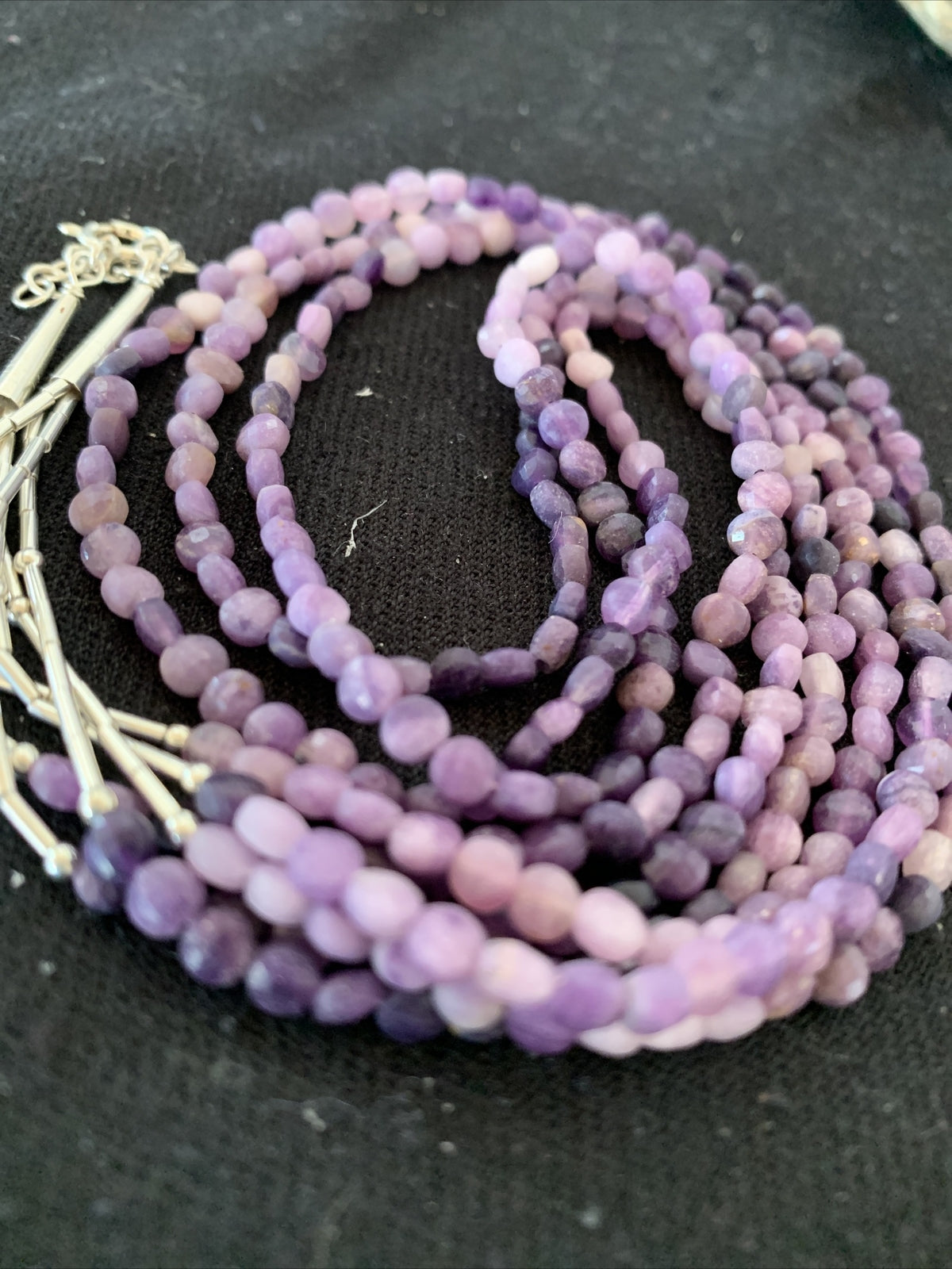 Purple Stone Beads Liquid Heishi 3 Strands Sterling Silver Tubes Necklace 850