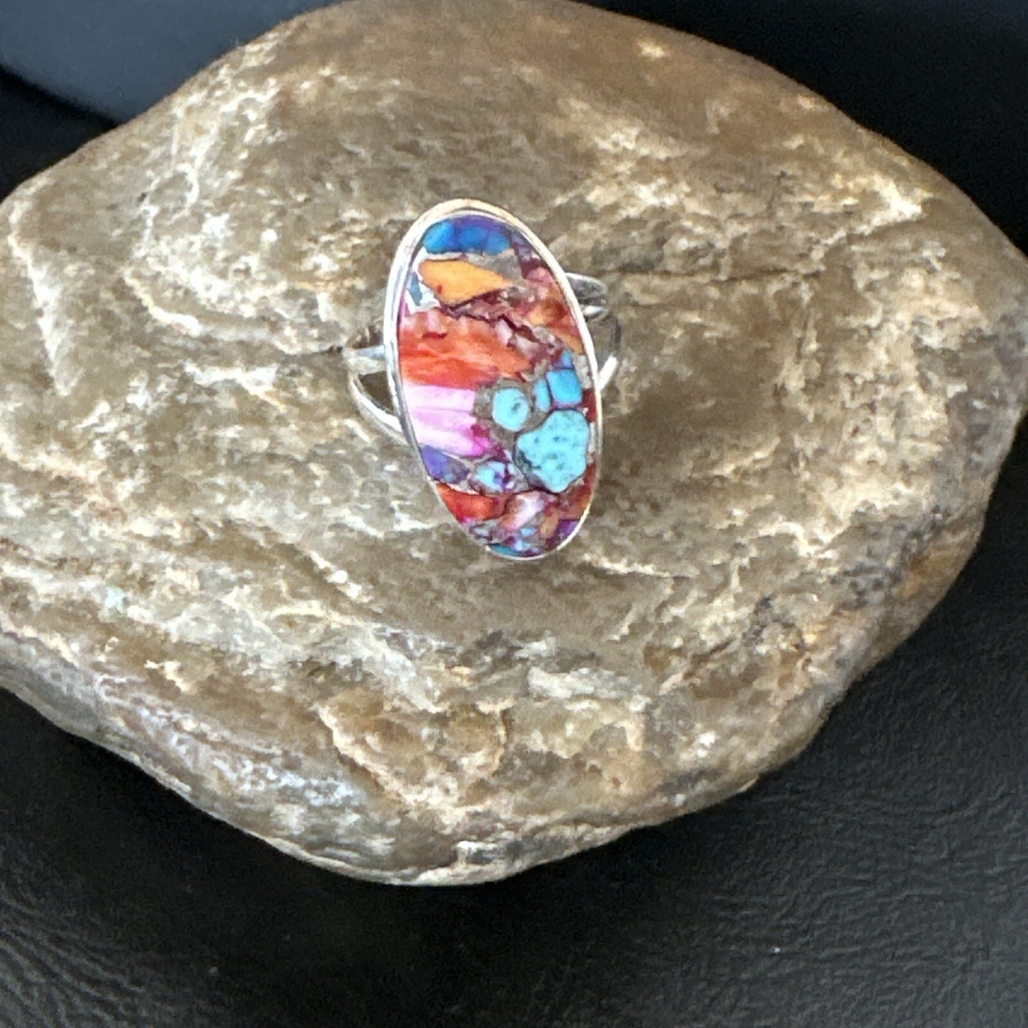 Blue Turquoise Spiny Oyster Navajo Sterling Silver Ring Size 8 18214